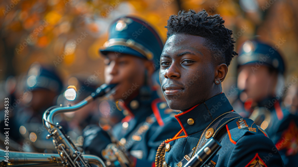 Envision a community parade honoring veterans and fallen soldiers, marching bands playing solemn melodies as crowds line the streets to pay their respects - obrazy, fototapety, plakaty 