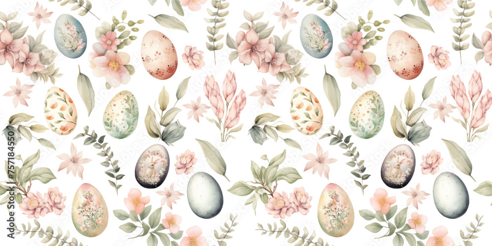 watercolor seamless pattern with cute easter eggs and spring flowers. holiday print for fabri