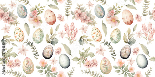 watercolor seamless pattern with cute easter eggs and spring flowers. holiday print for fabri