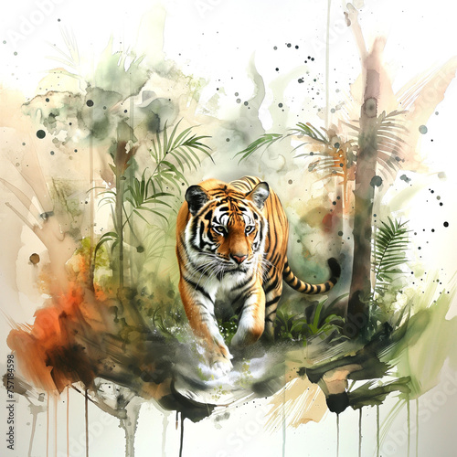 Tiger in Jungles of India in wildlife, Asian exotic nature, llustration of animal with watercolor background, for national park, zoo, reserve, prints, posters, decor, books, stationery