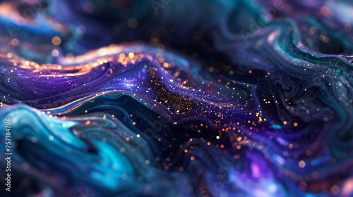 Abstract tendrils of liquid hues, intertwined with glistening flecks of glitter, creating an otherworldly spectacle.