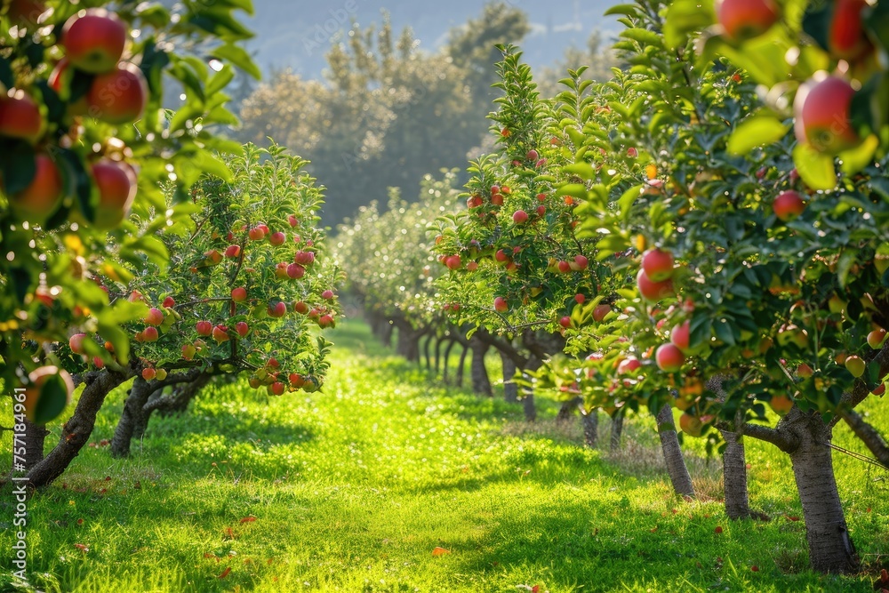 An expansive apple orchard filled with numerous trees and vibrant green grass, A picture-perfect orchard brimming with ripe and juicy fruit under a clear sky, AI Generated