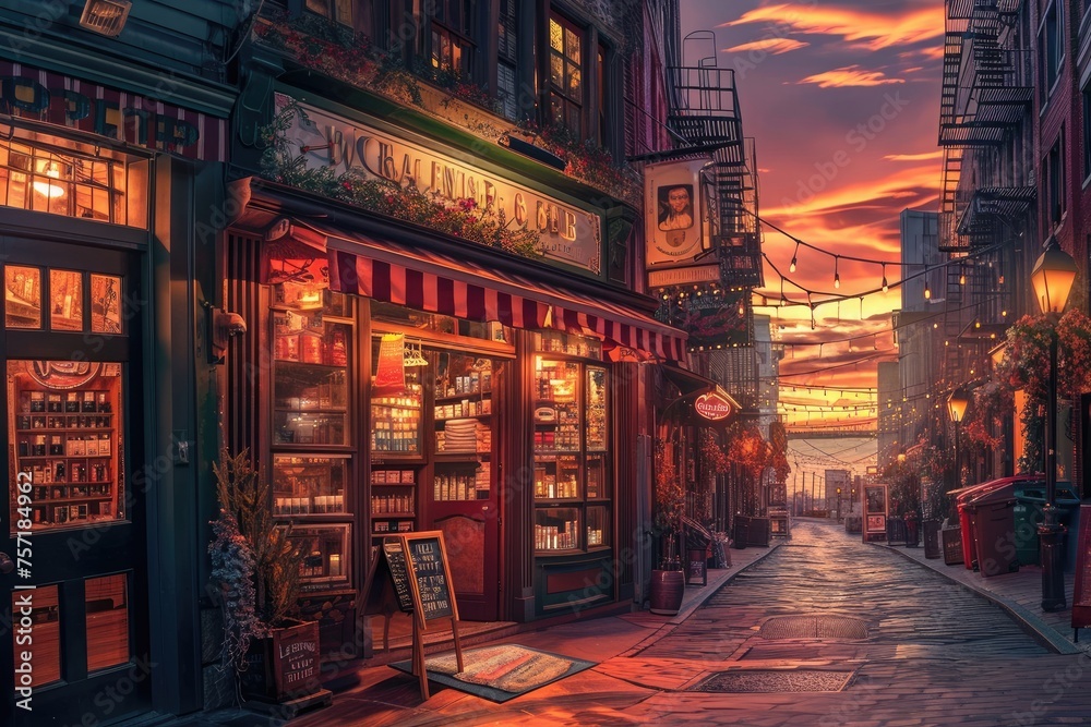 Painting of a City Street at Sunset With Beautiful Skyscrapers and Vibrant Colors, A picturesque beauty salon on a busy city street during sunset, AI Generated
