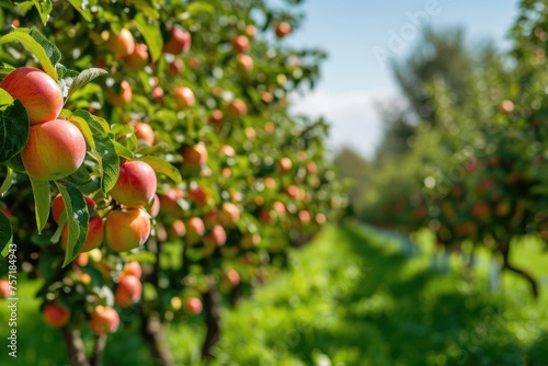 A line of ripe peaches hangs from a tree in a serene orchard, ready to be picked, A picture-perfect orchard brimming with ripe and juicy fruit under a clear sky, AI Generated