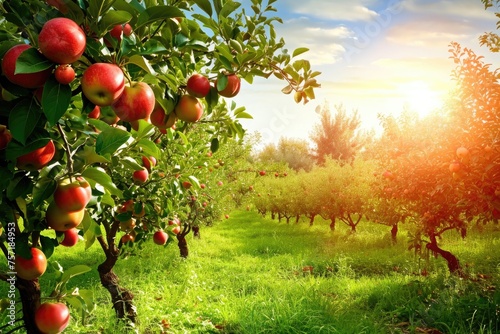 A vibrant field filled with an abundance of ripe, red apples ready for picking, A picture-perfect orchard brimming with ripe and juicy fruit under a clear sky, AI Generated