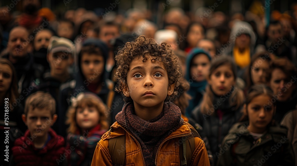 A boy stands ahead a group of people in a sad face