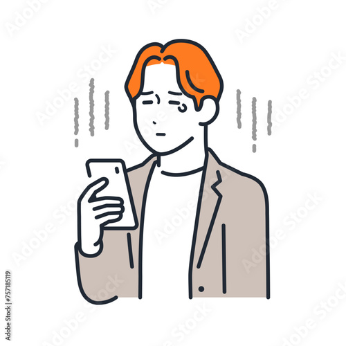 スマートフォンを見て悲しむ若い男性のシンプルなベクターイラスト素材