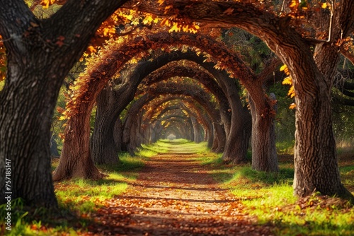 Rustic Pathway Surrounded by Tall Trees in a Forest  A picturesque scene of an oak tree tunnel in a breathtaking park  AI Generated