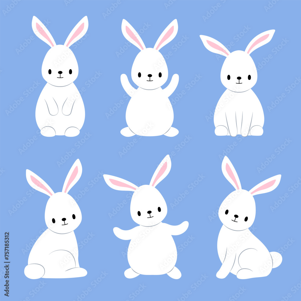 Set of cute, white rabbits in different poses. Easter bunnies are drawn in a flat style.