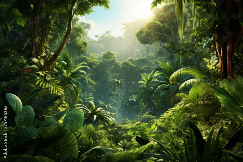 A lush tropical rainforest with tall trees and a diverse array of plants, isolated on white background