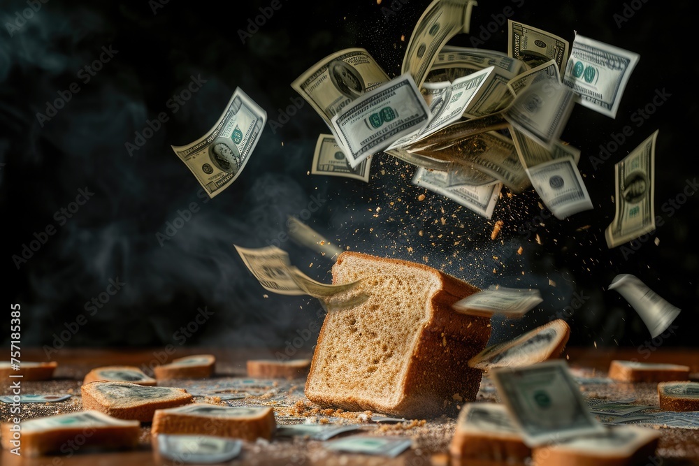 Flying Money Bursting Out of a Slice of Bread, A piece of bread transforming into a pile of money to signify hyperinflation, AI Generated Flying Money Bursting Out of a Slice of Bread, A piece of bread transforming into a pile of money to signify hyperinflation, AI Generated