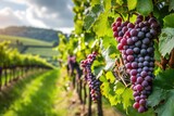 A cluster of ripe grapes growing on a vine, ready for harvesting, A picturesque vineyard with heart-shaped grape clusters, AI Generated