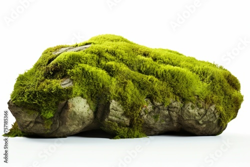 A closeup of a moss covered rock with its vibrant green hues and intricate details, isolated on white background