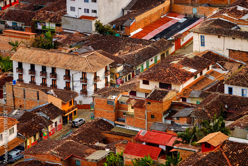 Aerial view of streets of Jerico, Colombia, during sunset