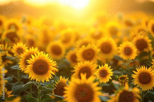 A vibrant field of sunflowers bathed in the warm glow of the setting sun, A playful sea of sunflowers dancing in the sun-kissed breeze at golden hour, AI Generated