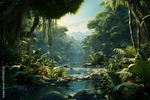 A lush and vibrant tropical jungle with a variety of plants and trees
