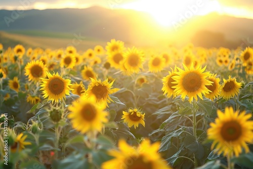 Field of Sunflowers With Setting Sun  A playful sea of sunflowers dancing in the sun-kissed breeze at golden hour  AI Generated