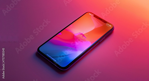 A modern smartphone lays on a surface illuminated by a striking purple and red gradient, highlighting sleek design and technology
