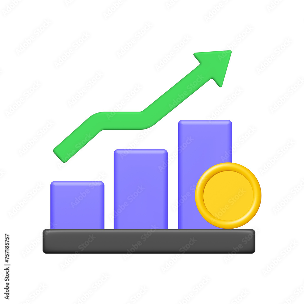 3d money chart with green up arrow isolated on white background. Business and finance concept. Cartoon minimal style. Money coins icon render illustration. 3d money chart with green up arrow isolated on white background. Business and finance concept. Cartoon minimal style. Money coins icon render illustration.
