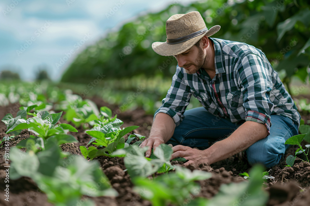 Farmer working in the field, examining crop. Agriculture and farming concept with focus on sustainable practices. Rural landscape and farm life depicted in natural light