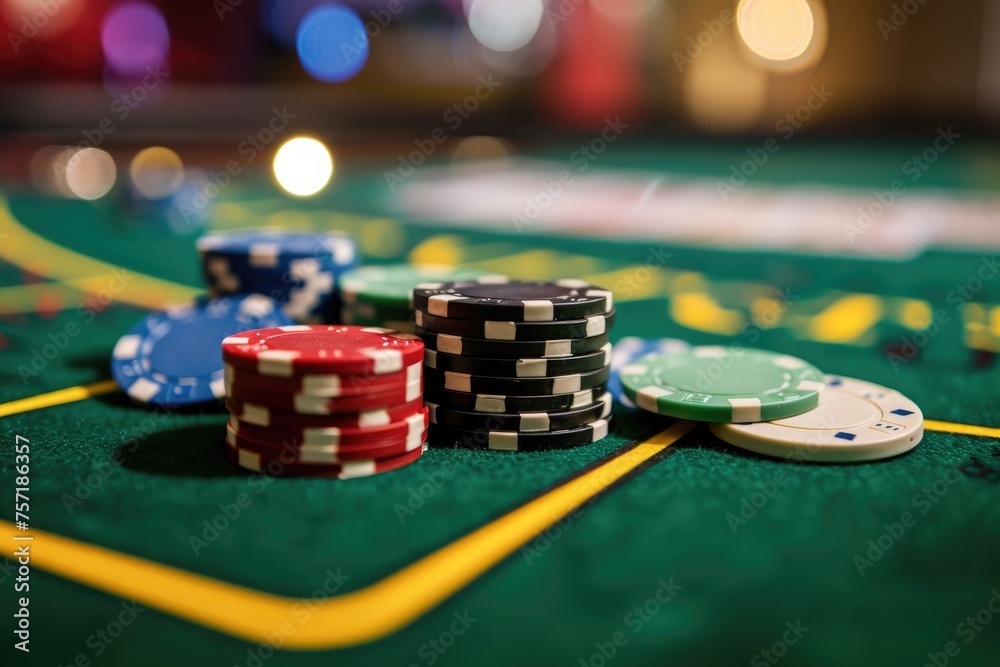 A casino table filled with poker chips and playing cards, ready for a game, A poker table with chips representing gamble in investment, AI Generated