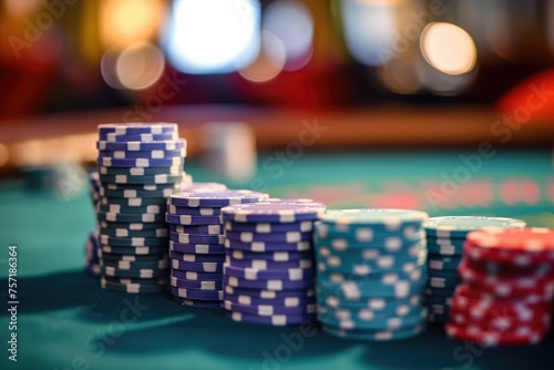 A Table Covered in a Multitude of Poker Chips, A poker table with chips representing gamble in investment, AI Generated