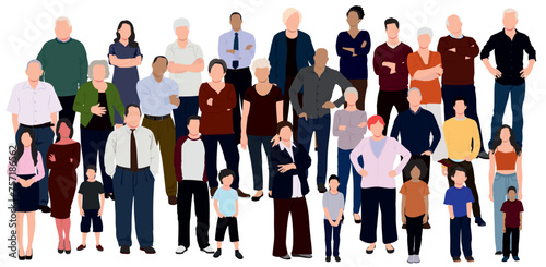 Multinational group of people isolated on white background. Children, adults, teenagers and elderly people or senior citizen standing together. photo