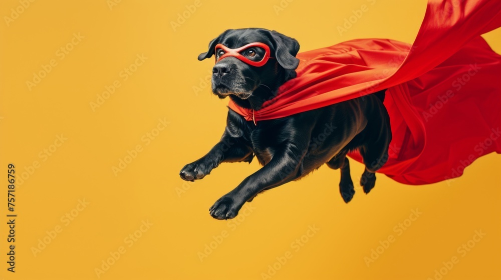 A black Labrador Retriever dressed as a superhero with a red cape and mask, humorously captured in mid-flight against a vibrant yellow background, representing fun, bravery, and whimsy A black Labrador Retriever dressed as a superhero with a red cape and mask, humorously captured in mid-flight against a vibrant yellow background, representing fun, bravery, and whimsy