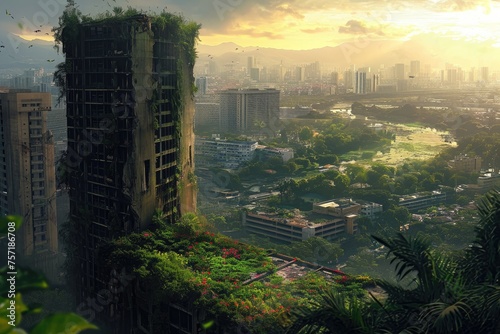 Impressive High-rise With Overgrown FaÃ§ade, A post-apocalyptic cityscape overgrown with flora and devoid of people, AI Generated photo