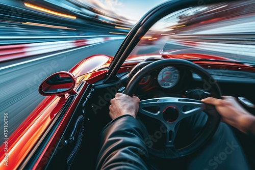 A person is driving a car on a crowded highway in an urban area, A POV from the driverâ€™s seat during a high-speed sport car race, AI Generated photo