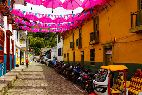 Villagers walk through the colorful and decorated streets of the town of Jerico, Colombia