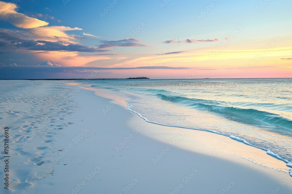 A beach at sunset with clear footprints leading towards the water on the sandy shore, A pristine, white sandy beach with a clear view of the horizon at sunset, AI Generated