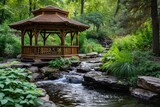 Rustic Gazebo Adjacent to a Small Stream in a Forest, A private gazebo nestled by the side of a calming stream in a lush forest, AI Generated