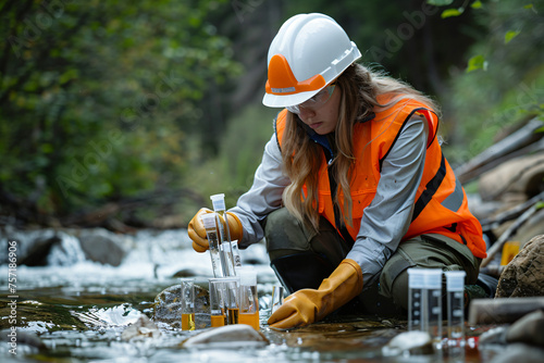 Environmental scientist conducting water quality tests in river. Ecology and environmental protection concept. Field research with water samples in natural setting