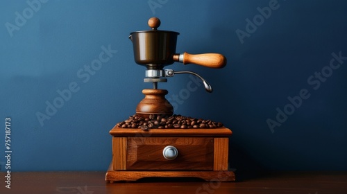 A vintage coffee grinder sits on a rustic wooden table, ready to grind fresh coffee beans