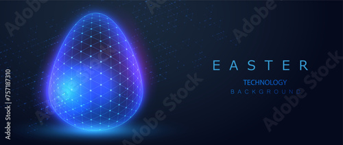 Wireframe egg technology and biology design. Happy Easter Day. Ai neon holiday banner concept. Connect cyber light new life science vector. © SidorArt