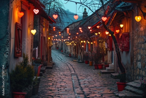 A cobblestone street lined with lanterns strung across  casting a warm glow  A quaint cobblestone street lined with heart-shaped lanterns  AI Generated