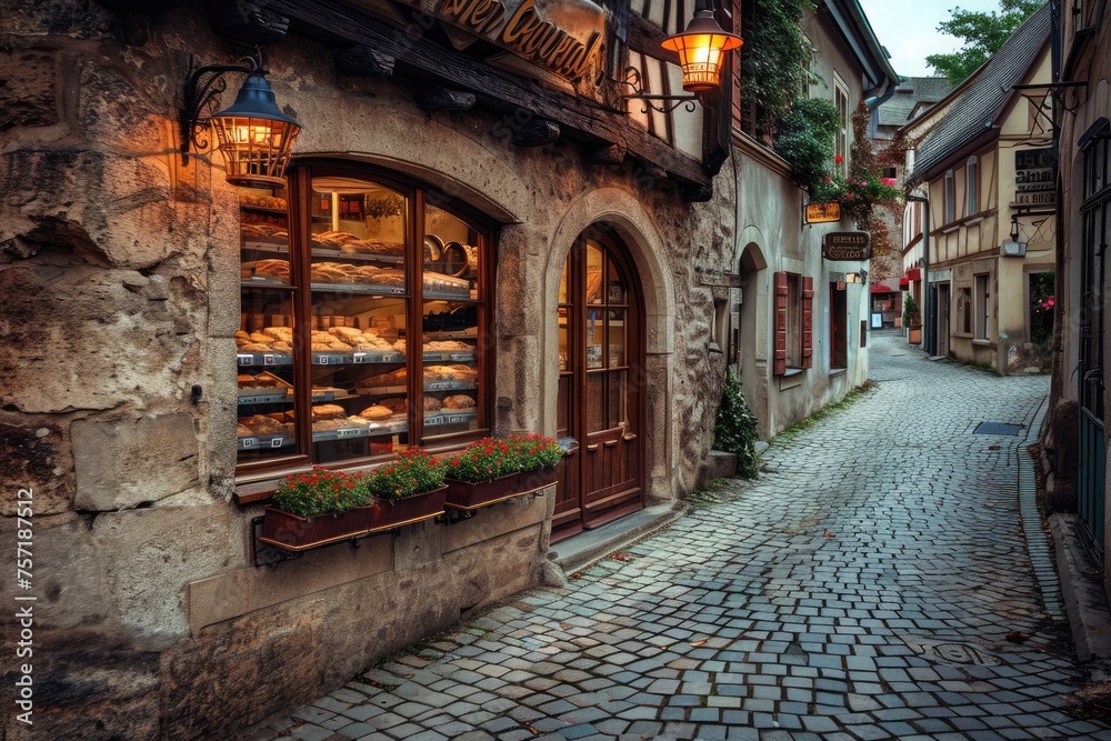 A cobblestone street with a row of well-preserved and aged buildings, creating a historic atmosphere, A quaint little bakery shop nestled on a cobblestone street, AI Generated