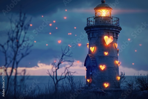 A lighthouse stands tall with a multitude of colorful hearts attached to its structure, A quaint lighthouse beaming heart-shaped lights, AI Generated