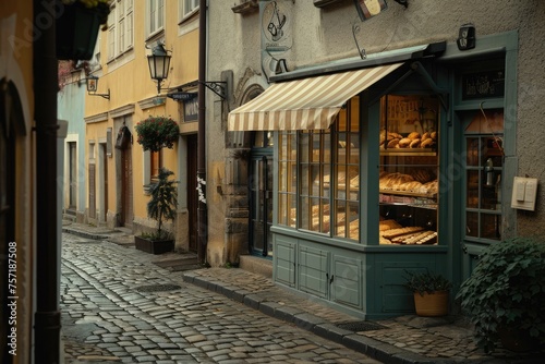 A cobblestone street with a bakery prominently displayed in the window, showcasing various breads and pastries, A quaint little bakery shop nestled on a cobblestone street, AI Generated © Iftikhar alam