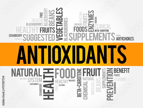 Antioxidants are chemicals that lessen or prevent the effects of free radicals, word cloud concept background