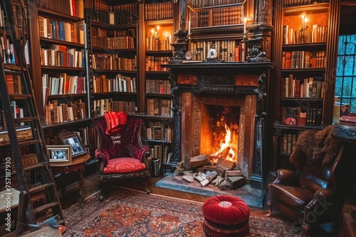 Cozy Living Room With Fireplace and Extensive Book Collection, A quiet corner in a library filled with old books and a roaring fireplace, AI Generated