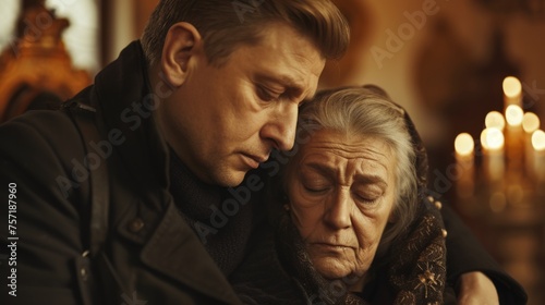 A somber moment as a man comforts an elderly woman in a church, his head bowed in empathy, amidst soft candlelight