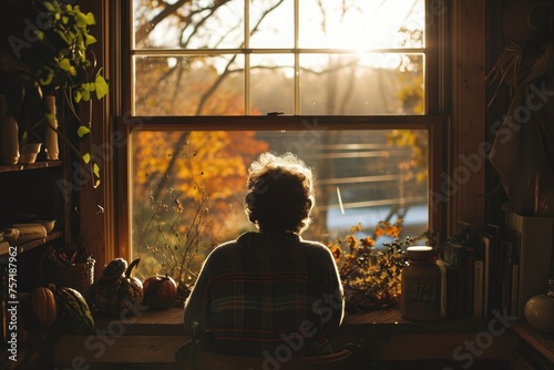 Person Sitting in Front of a Window, Reading a Book in a Sunlit Room, A quiet moment of solitude before commencing the Thanksgiving dinner, AI Generated