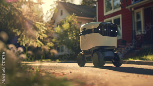 A self-driving delivery robot stands poised on a sunlit suburban street beside a house, ready to deliver packages photo