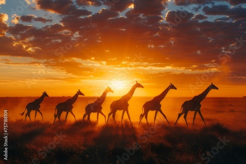 Herd of giraffes walking at sunset creating a silhouette contrasting with the horizon