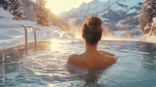 A young woman enjoys a hot tub amidst a snowy mountainous landscape, capturing the essence of a winter retreat