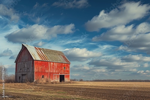 A red barn stands tall in a field, set against a vivid blue sky in the background, A quintessential red barn in an American Midwest farmland, AI Generated