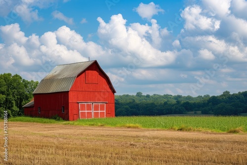 A red barn is surrounded by golden wheat in a picturesque rural landscape, A quintessential red barn in an American Midwest farmland, AI Generated