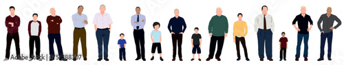 Group of men. Different age group of men standing in row. Old men and young adults standing together. 
